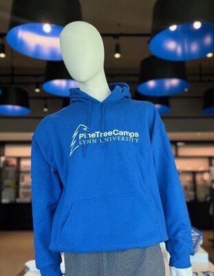 Royal blue hoodie with white text on the front saying &quot;PineTree Camps Lynn University.&quot;