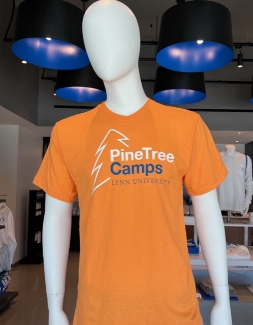 Orange t-shirt with white and blue text on the front saying &quot;Pinetree camps Lynn University.&quot;