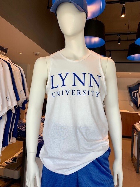 See-through muscle tank top with blue lettering saying &quot;Lynn University&quot; on the front.