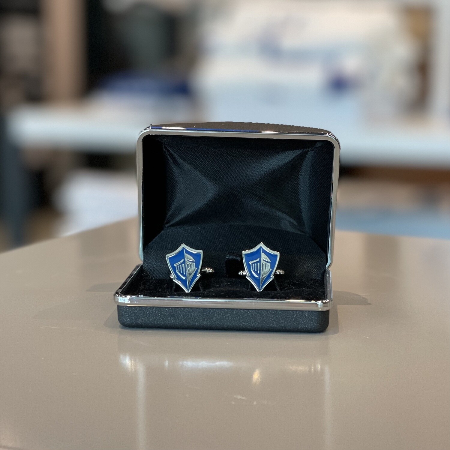 Royal blue, silver and white mark cuff links.