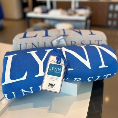 Choice between royal blue and gray sweatshirt blanket with text on the front saying &quot;Lynn University.&quot;