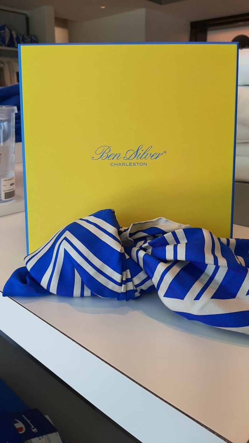 Royal blue and white scarf.