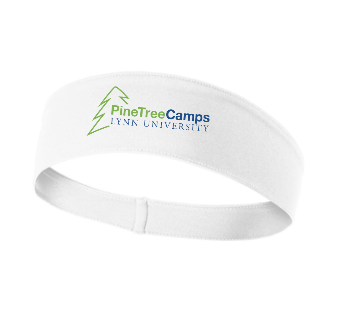 white headband with green and blue text saying &quot;Pinetree Camps Lynn University.&quot;