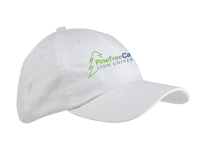 white youth hat with green and blue lettering saying &quot;PineTree Camps Lynn University.&quot;