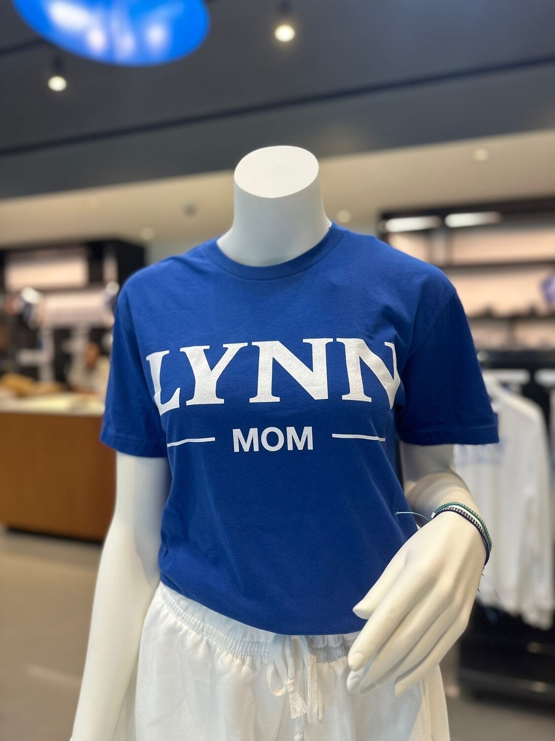 Royal blue short-sleeve t-shirt with white text saying &quot;Lynn Mom.&quot;