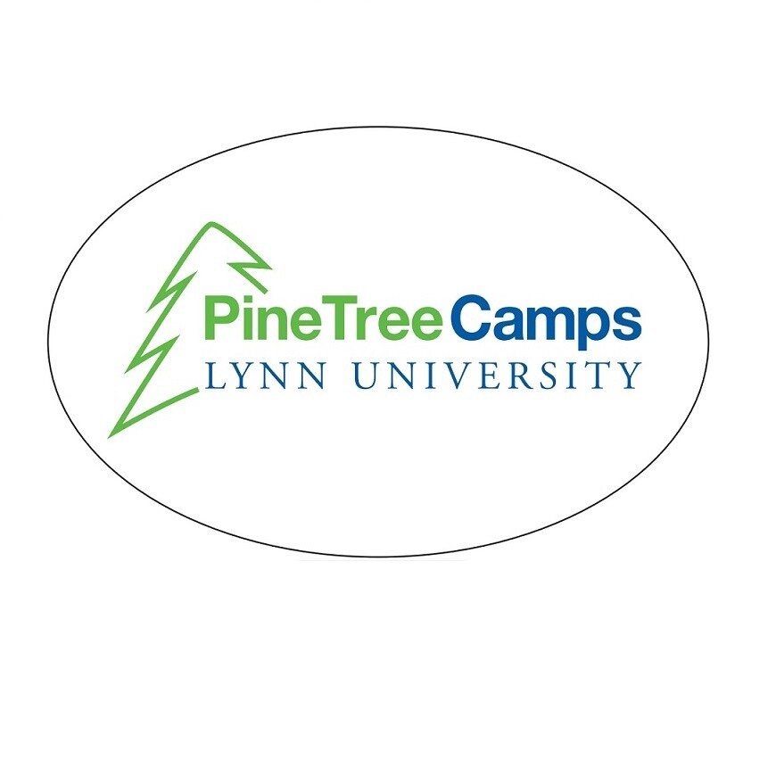 white magnet with green and blue text saying &quot;PineTree Camps Lynn University.&quot;