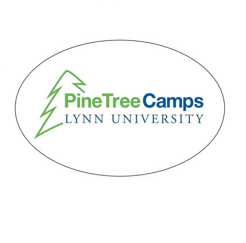 white magnet with green and blue text saying &quot;PineTree Camps Lynn University.&quot;