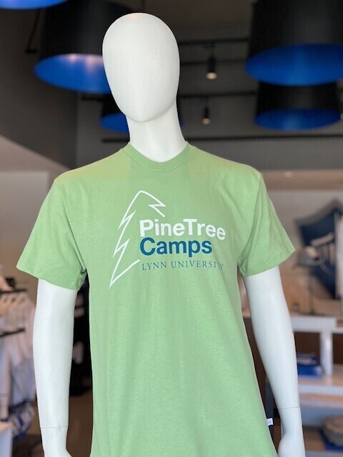 green short-sleeve shirt with white and blue lettering saying &quot;PineTree Camps Lynn University.&quot;