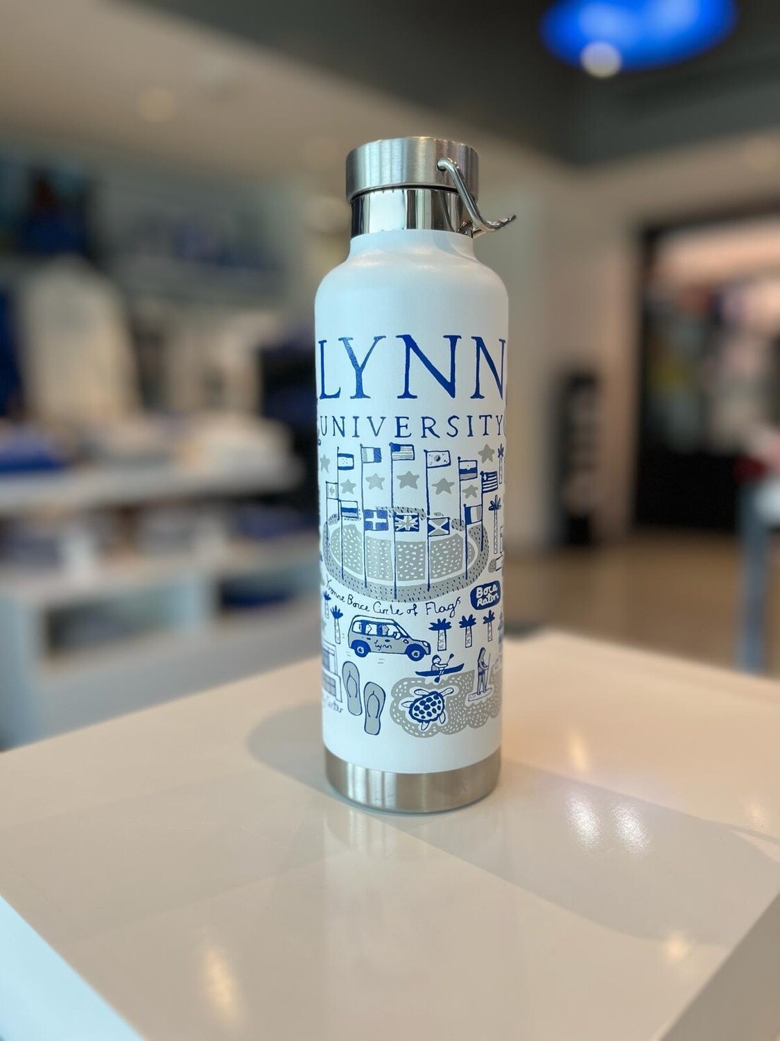 white water bottle, with silver top and bottom. It has blue Lynn logos over the front and blue text saying &quot;Lynn University.&quot;