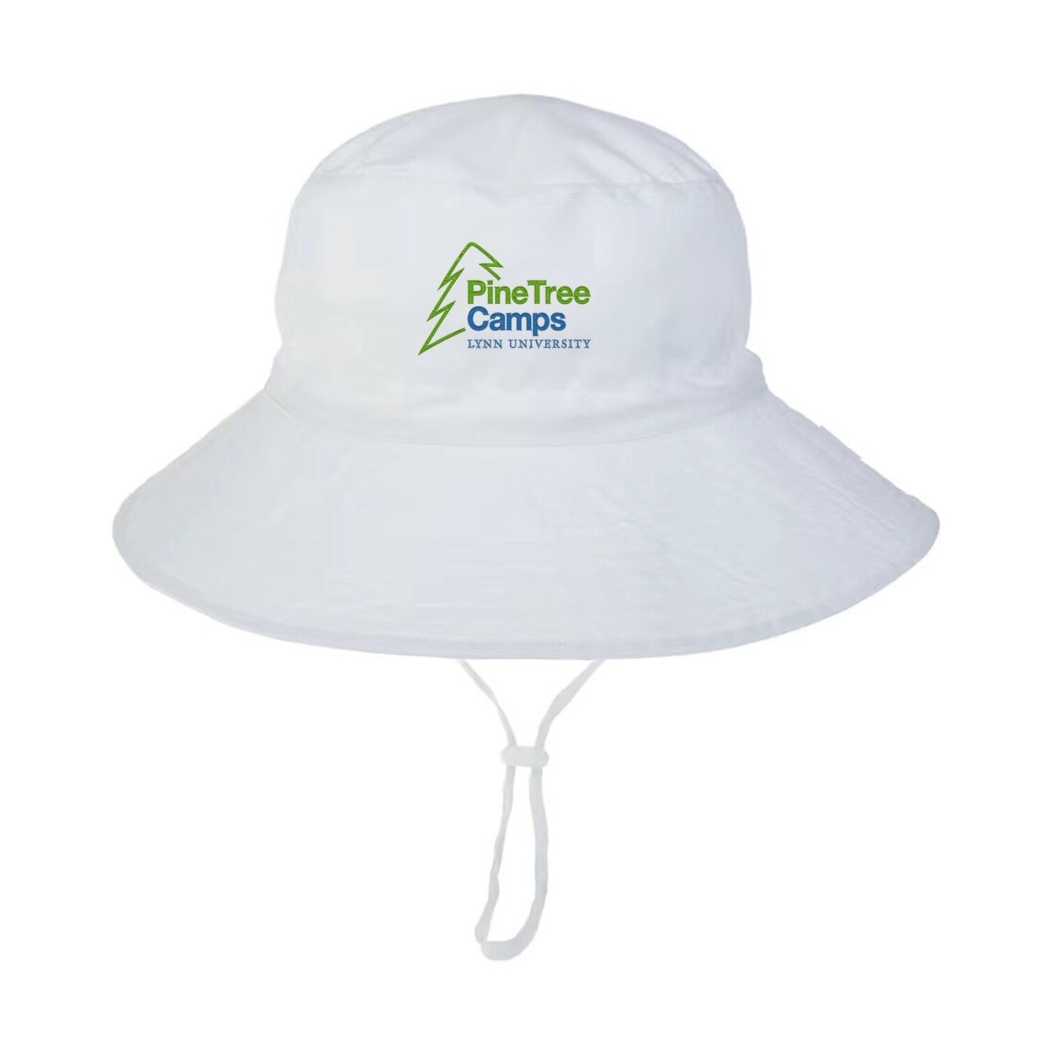 white bucket hat with green and blue text saying &quot;PineTree Camps Lynn University.&quot;