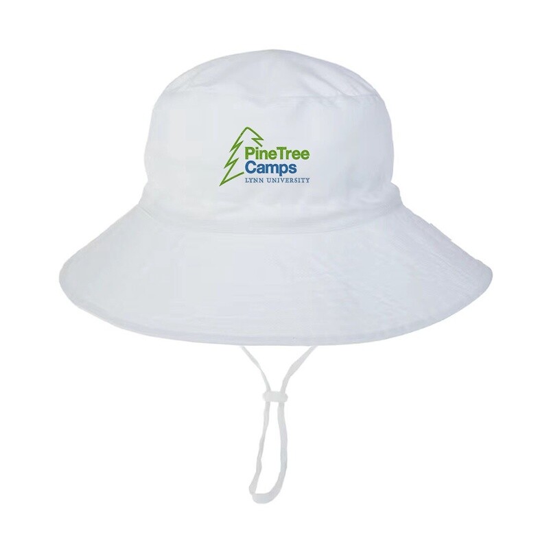 white bucket hat with green and blue text saying &quot;PineTree Camps Lynn University.&quot;