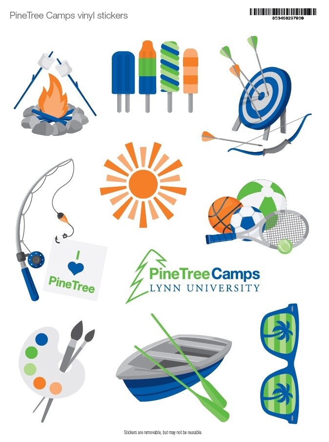 Multi-colored stickers, resembling PineTree Camps.