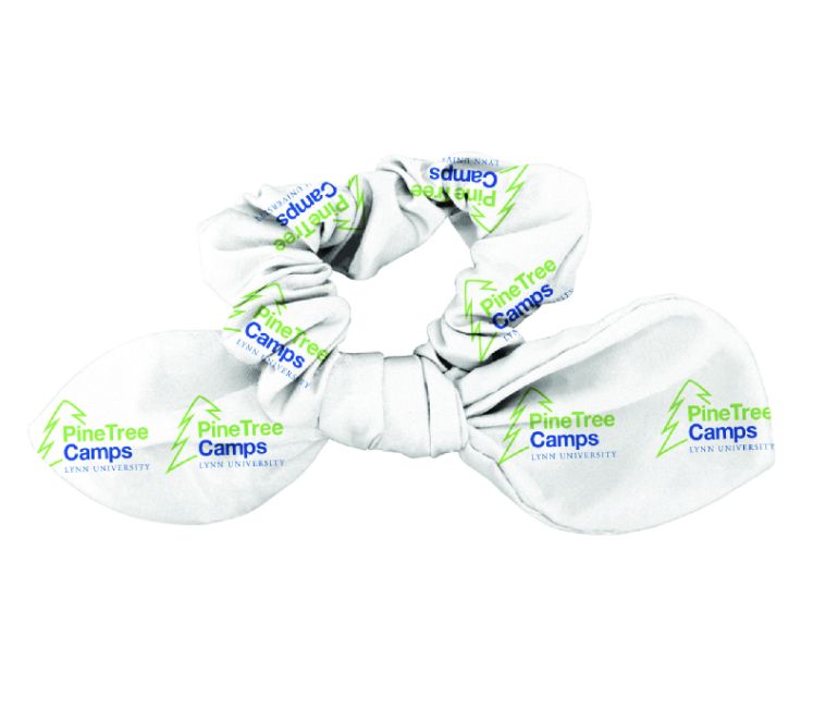 white scrunchie with green and blue text saying &quot;Pinetree Camps Lynn University.&quot;
