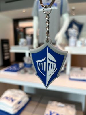 royal blue, gray and white spirit logo keychain.