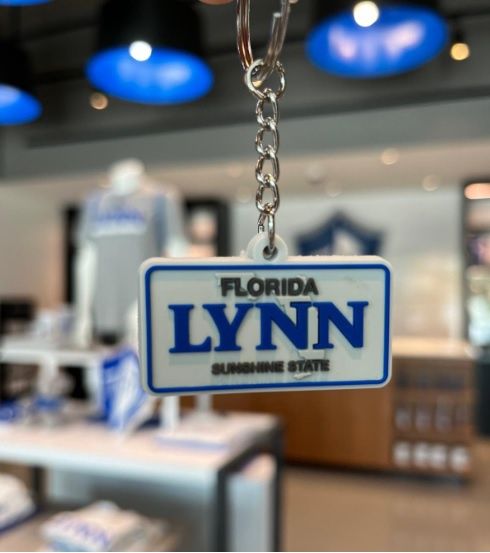 gray license plate keychain, with blue outlining the rim and text that says &quot;Florida Lynn Sunshine State.&quot;