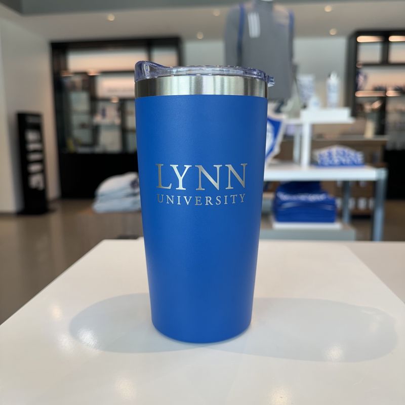 royal blue and silver insulated tumbler with silver lettering on the front saying &quot;Lynn University.&quot;