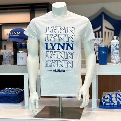 White short-sleeve t-shirt that says &quot;Lynn Alumni&quot; in royal blue.