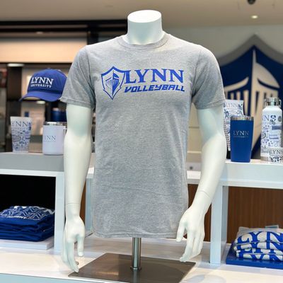 Choice between gray and royal blue short-sleeve t-shirt, with spirit logo and text saying &quot;Lynn Volleyball.&quot;