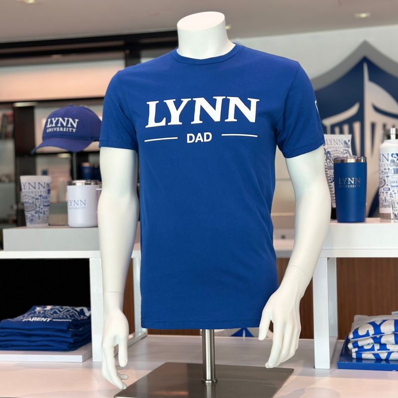 Royal blue short-sleeve shirt with white text saying &quot;Lynn Dad.&quot;