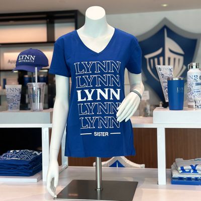 Choice between royal blue and white short-sleeve v-neck shirt and text saying &quot;Lynn Sister.&quot;