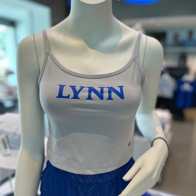 gray cropped tank top with blue lettering on the front saying &quot;Lynn&quot;