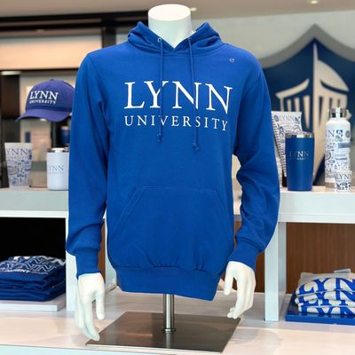 Fleece hoodie that comes in royal blue and white, it has white lettering on the front that says &quot;Lynn University.&quot;