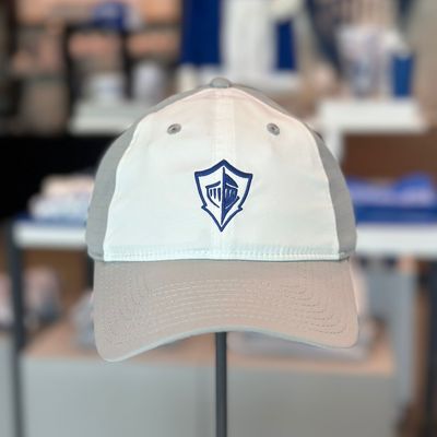 gray and white dri-fit hat with royal blue/white spirit logo on the front.