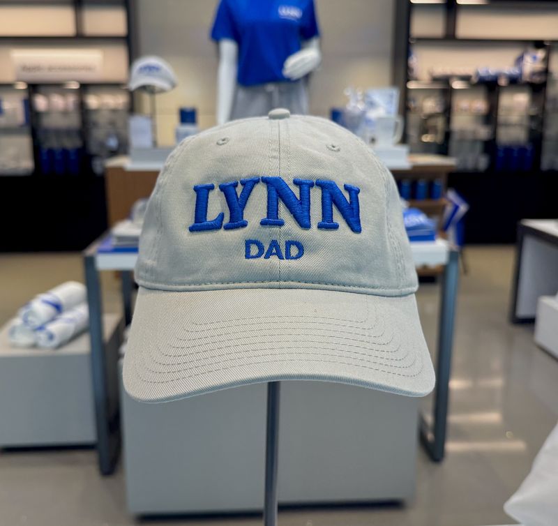 Gray hat with royal blue text saying &quot;Lynn Dad.&quot;