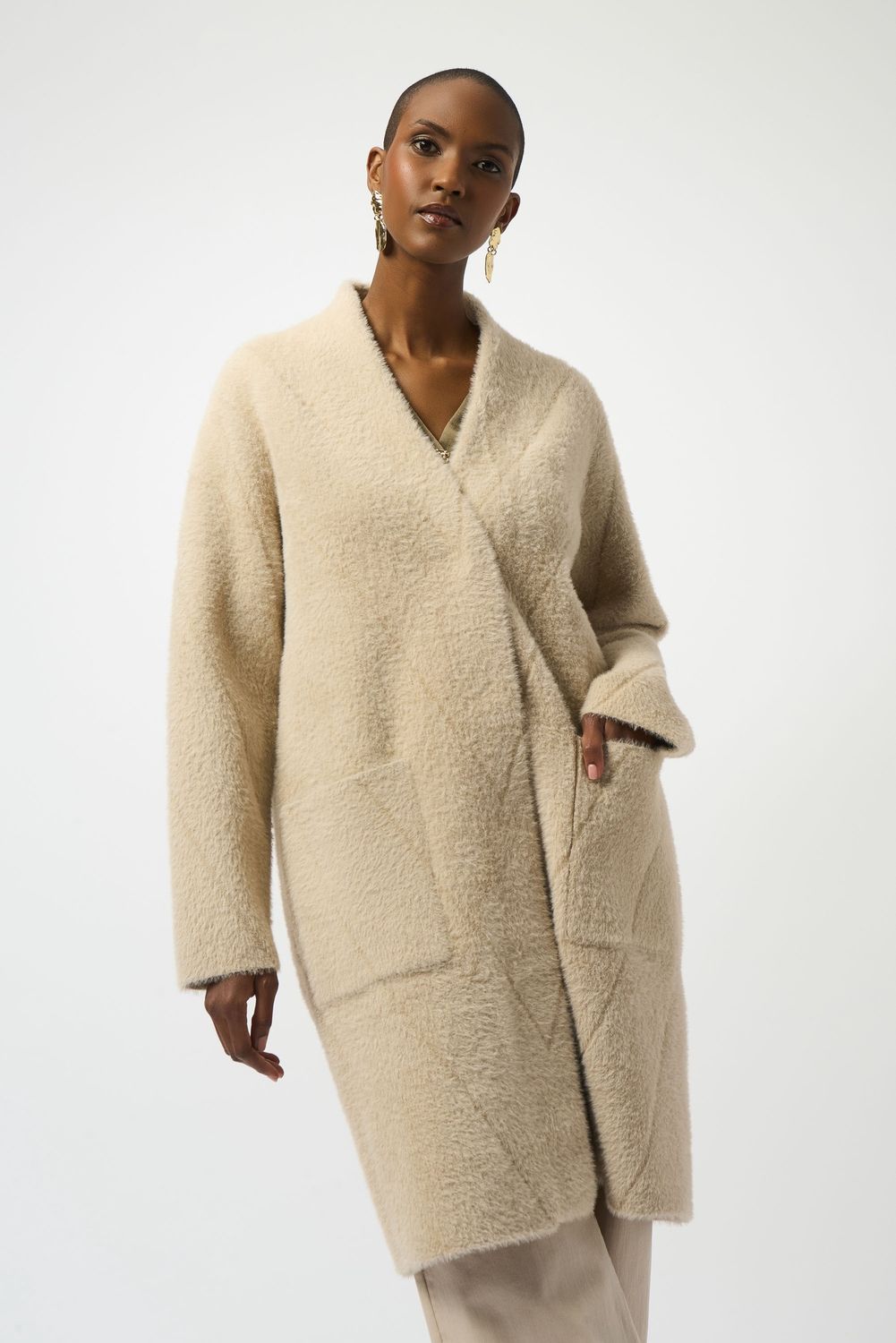 Feather Yarn Sweater Knit Coat Almond