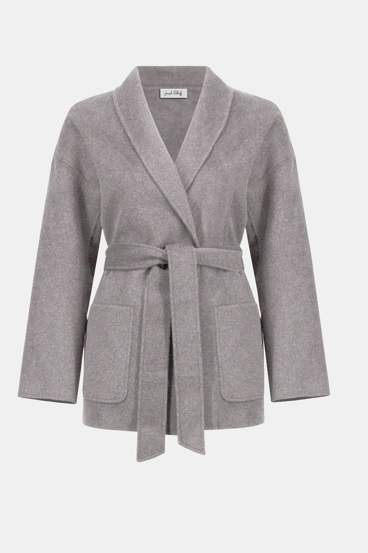 Wool Blend Belted Coat Light Grey