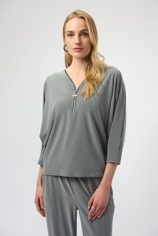 Melange Silky Knit Boxy Top with Zipper Detail