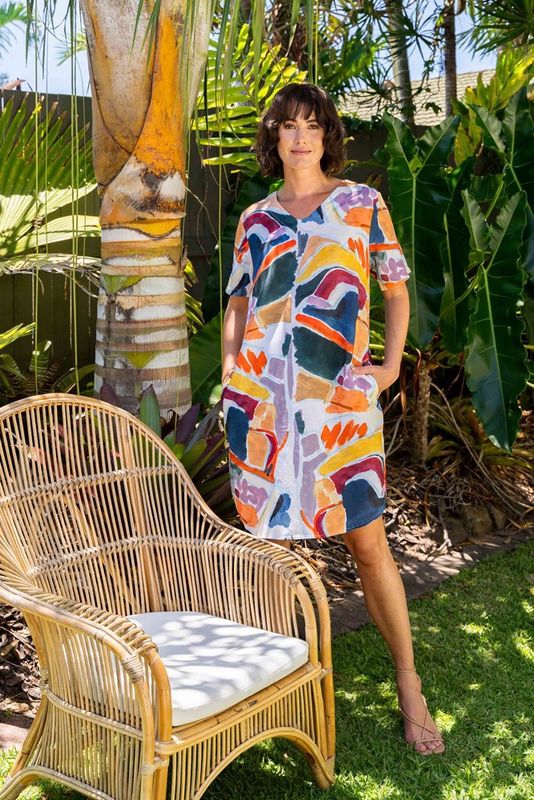 Tenc/Linen Sof V SS Dress Abstract