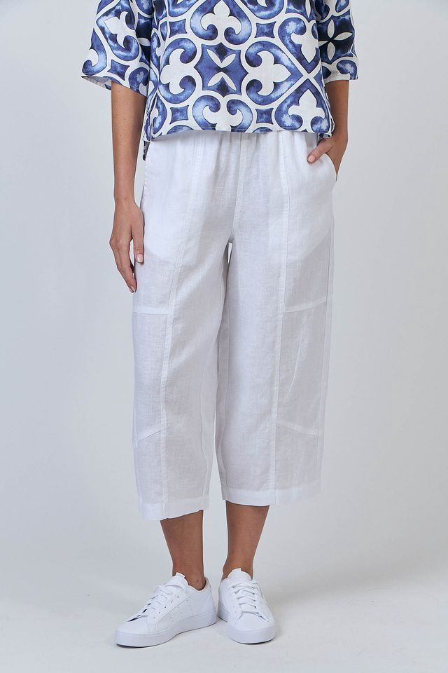 Cropped wide leg white linen pant