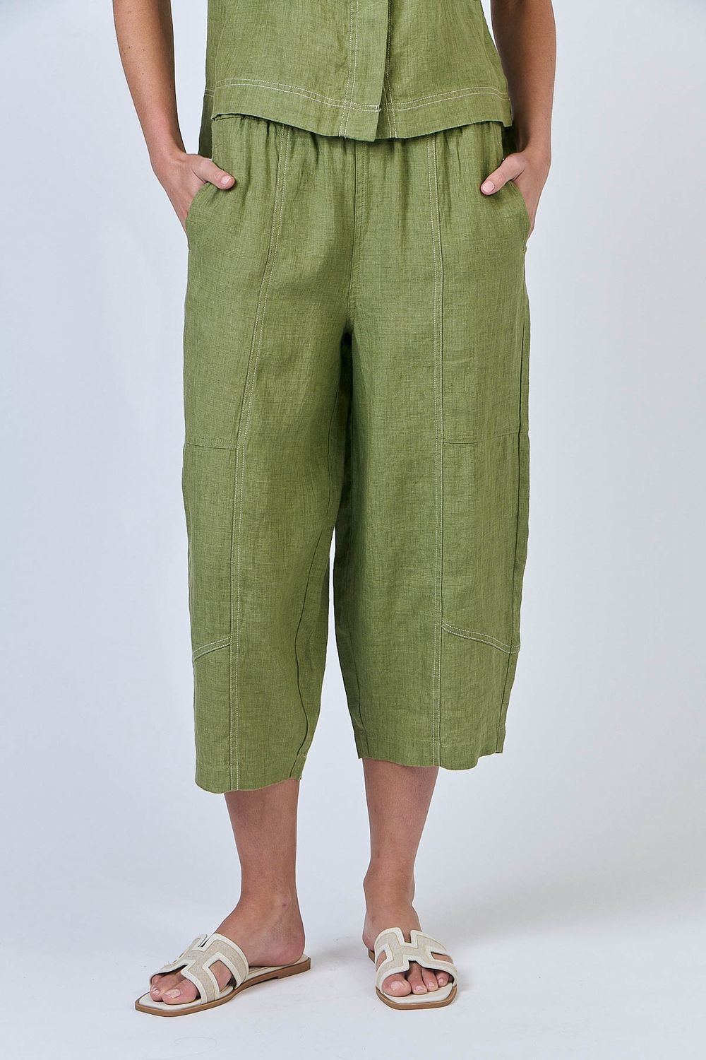 Cropped wide leg linen pant Moss