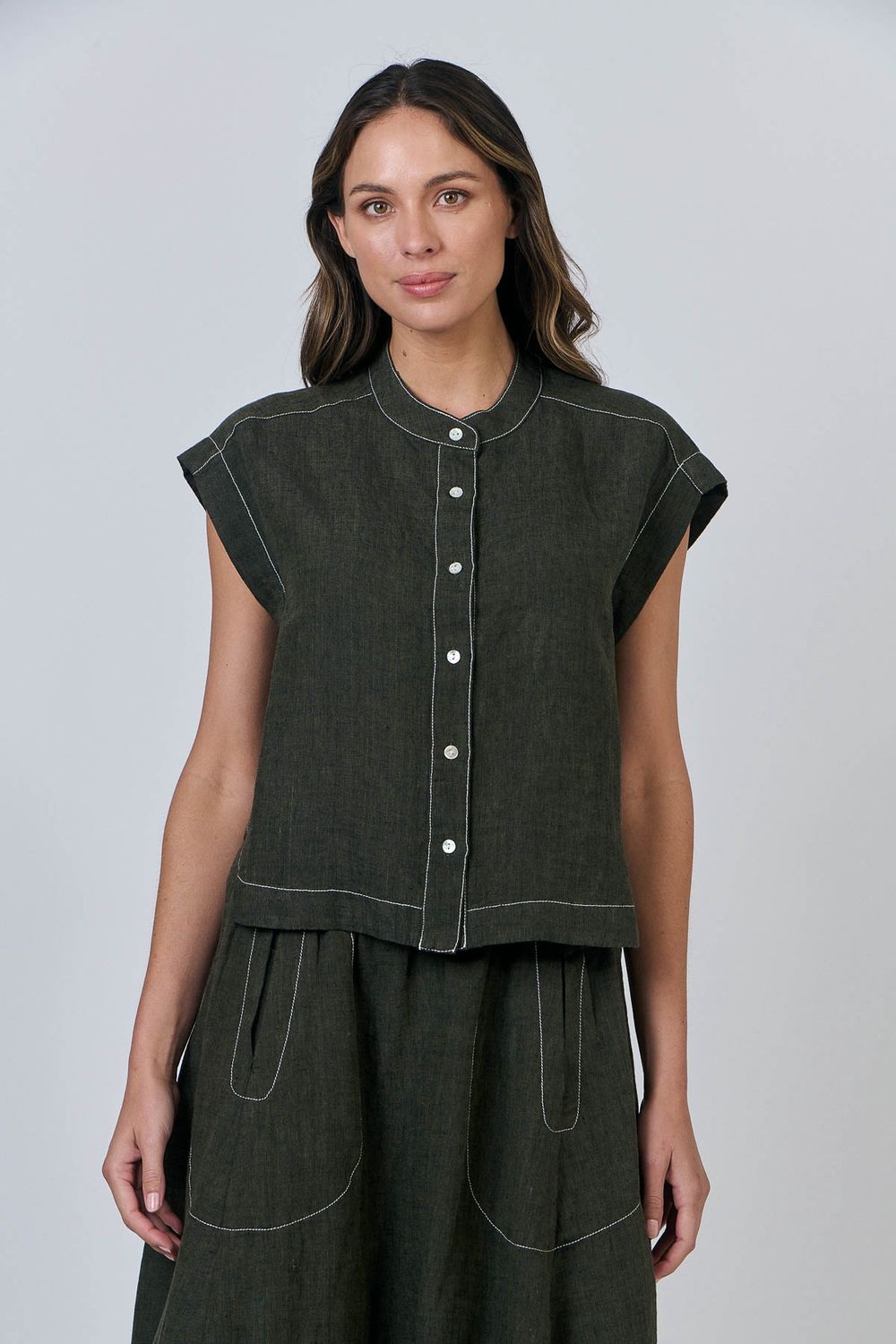 button through linen top Licorice