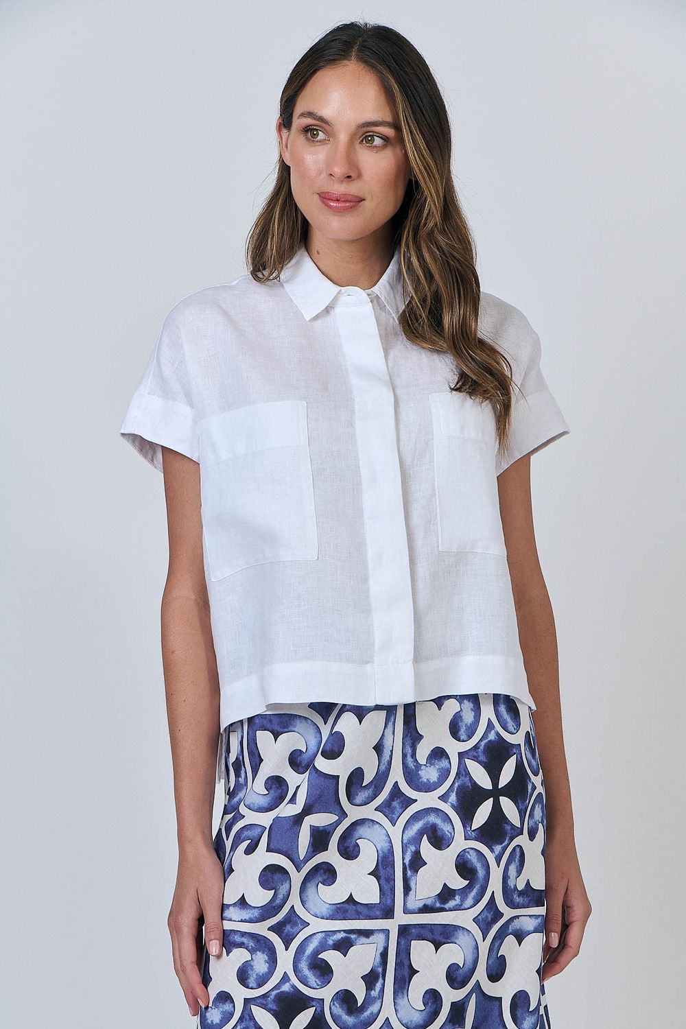 2 pocket b/t linen top White