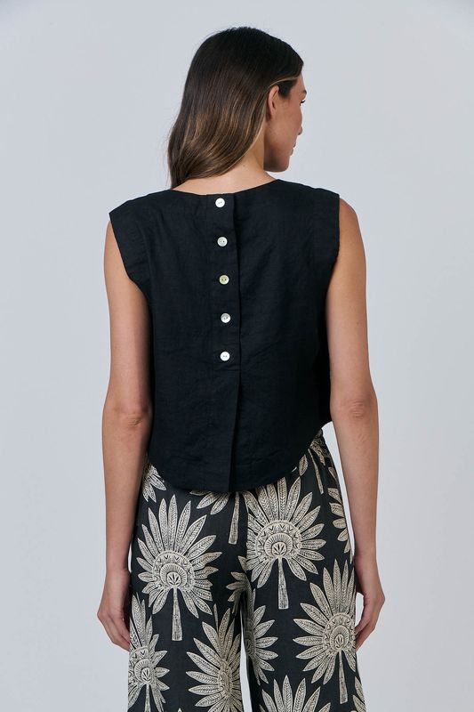 Sleeveless button back linen top Black