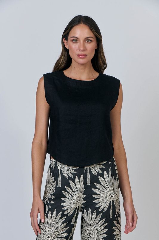 Sleeveless button back linen top Black