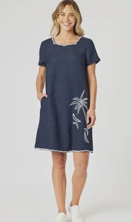 Palm Embroidered Lino Dress