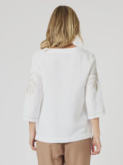 Palm Embroidery Lino Top Wht/Nat