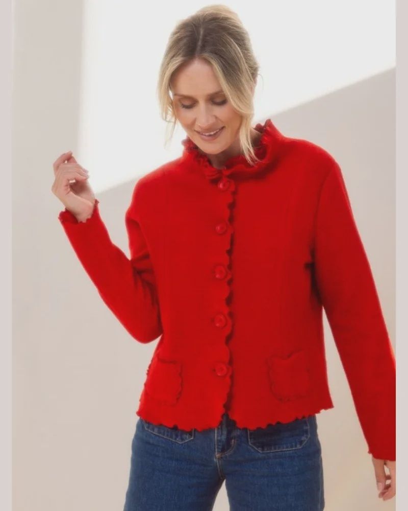 Boiled Wool Ruffle Trim Jacket Red