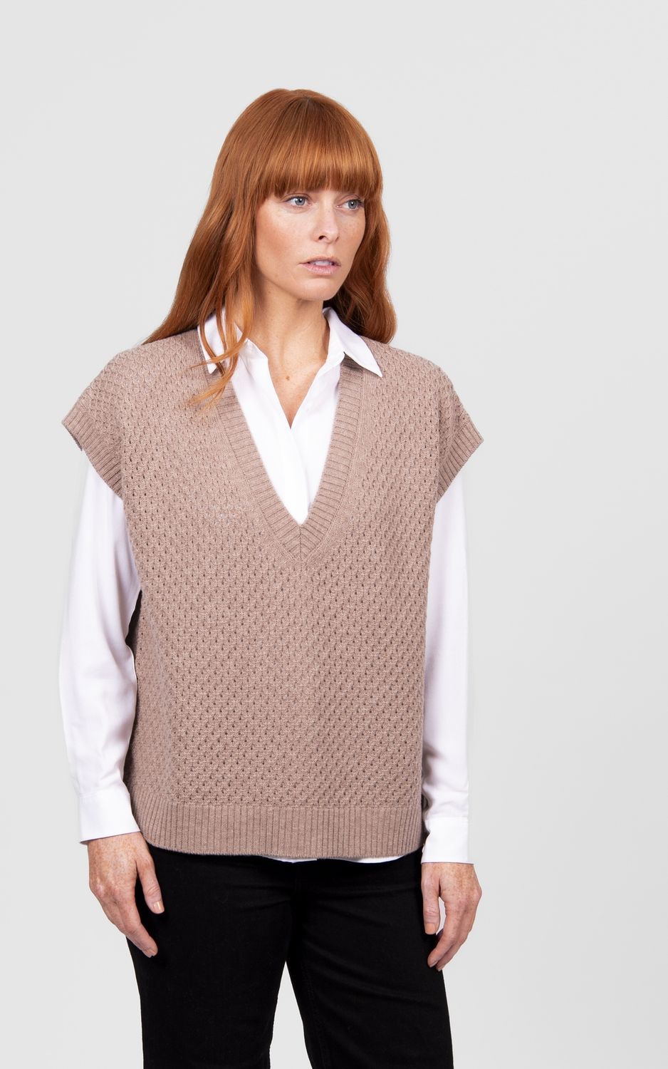 Cable Pointelle Vest Cobblestone