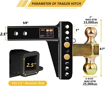 Adjustable Trailer Hitch, Fits 2.5-Inch Receiver, 6-Inch Drop/Rise,2" & 2-5/16" Ball Hitches for Trucks, 22,000 LBS GTW