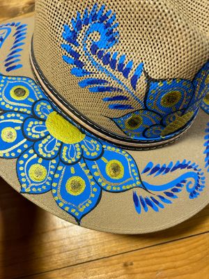 Sombrero Pintado a Mano -03| Arena / Azul | Large