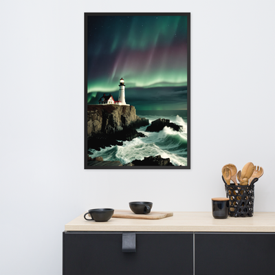 Framed Wall Art - Lighthouse Cliff Bay Northern Lights