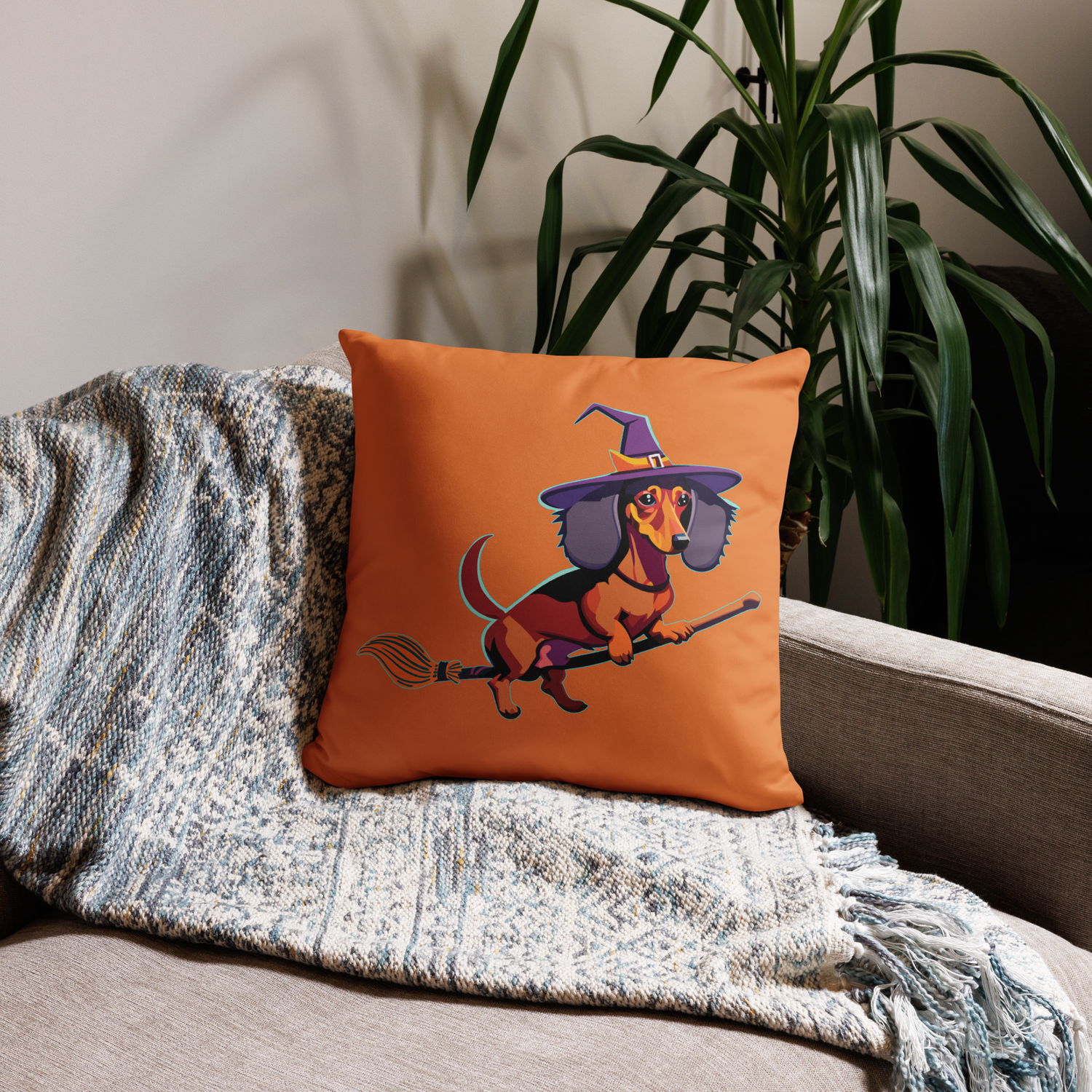 Throw Pillow (with filling) - Dachshund Halloweenie - Pumpkin Spice