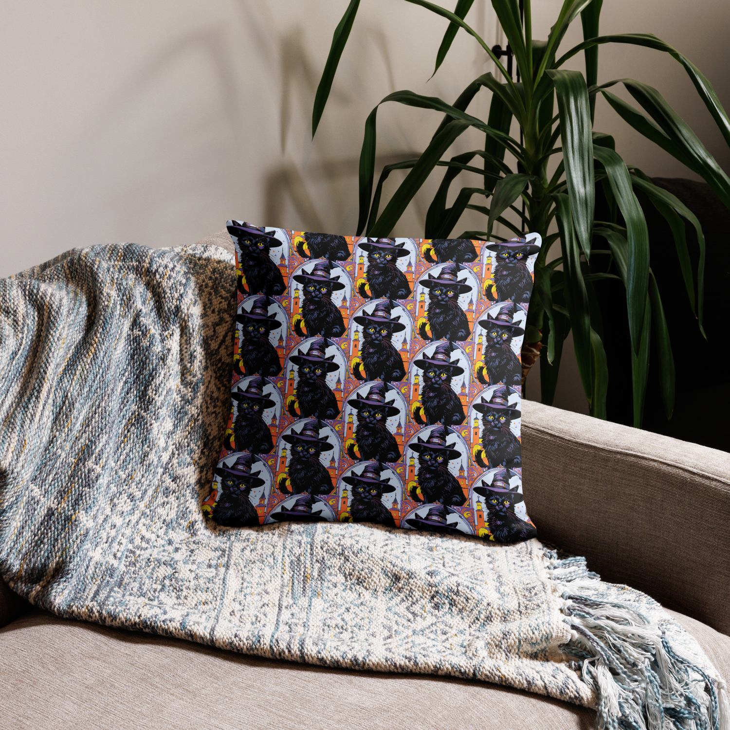 Throw Pillow (with filling) - Halloween - Black Cat Witch