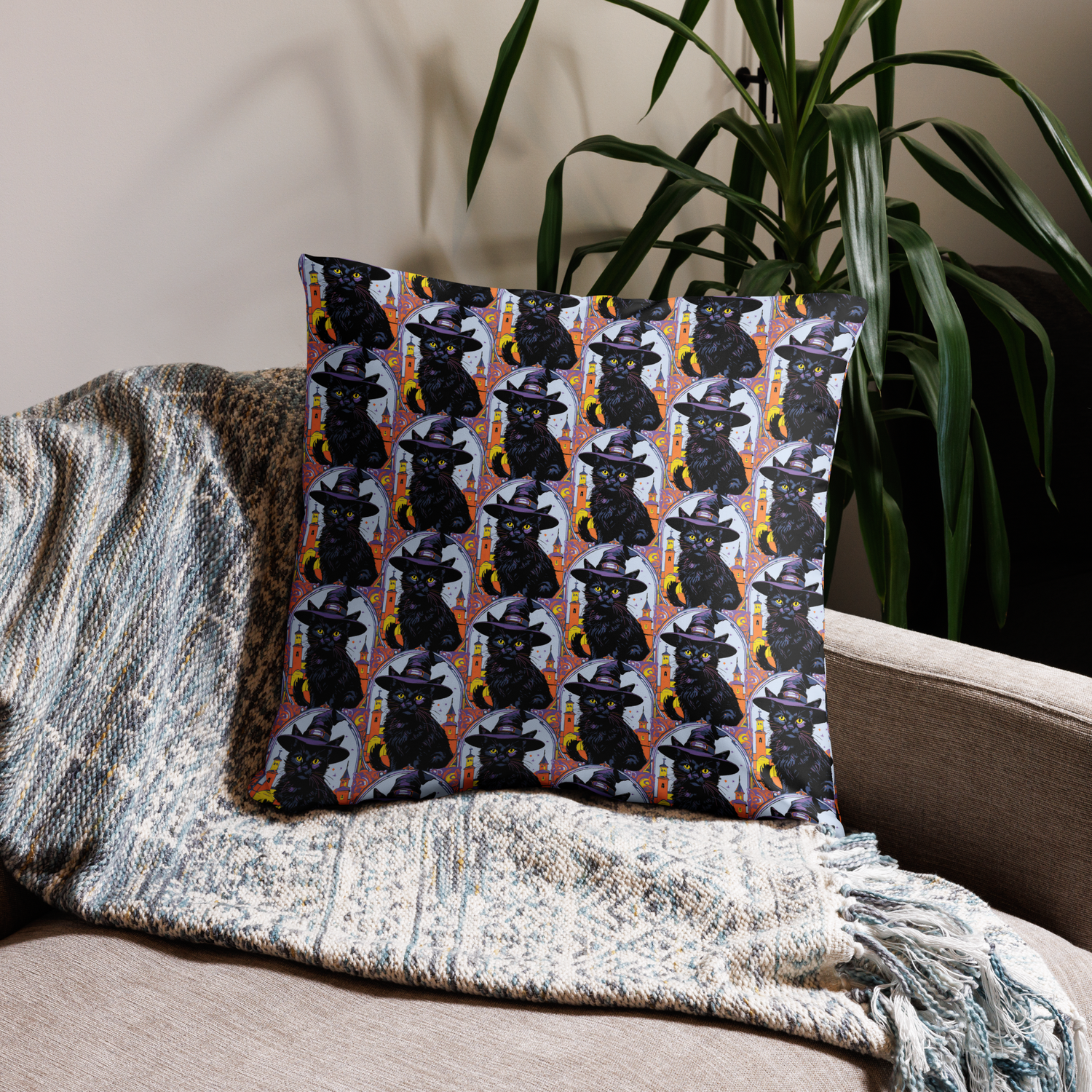 Throw Pillow (with filling) - Halloween - Black Cat Witch