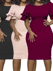 Dress O-Neck lanterm Sleeve Slim Night Solid Party short dress