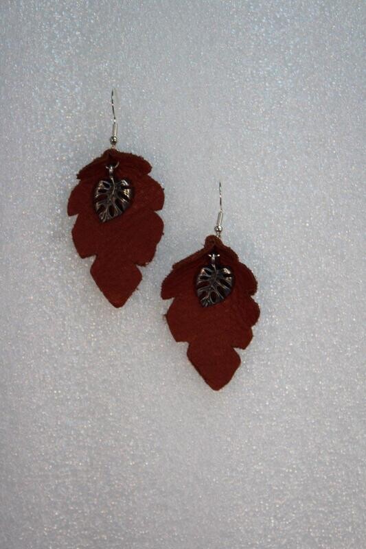 Leather Earrings with metal leaf. Leaf Earrings. Handmade Leather Earrings. Leather Remnants Collections.